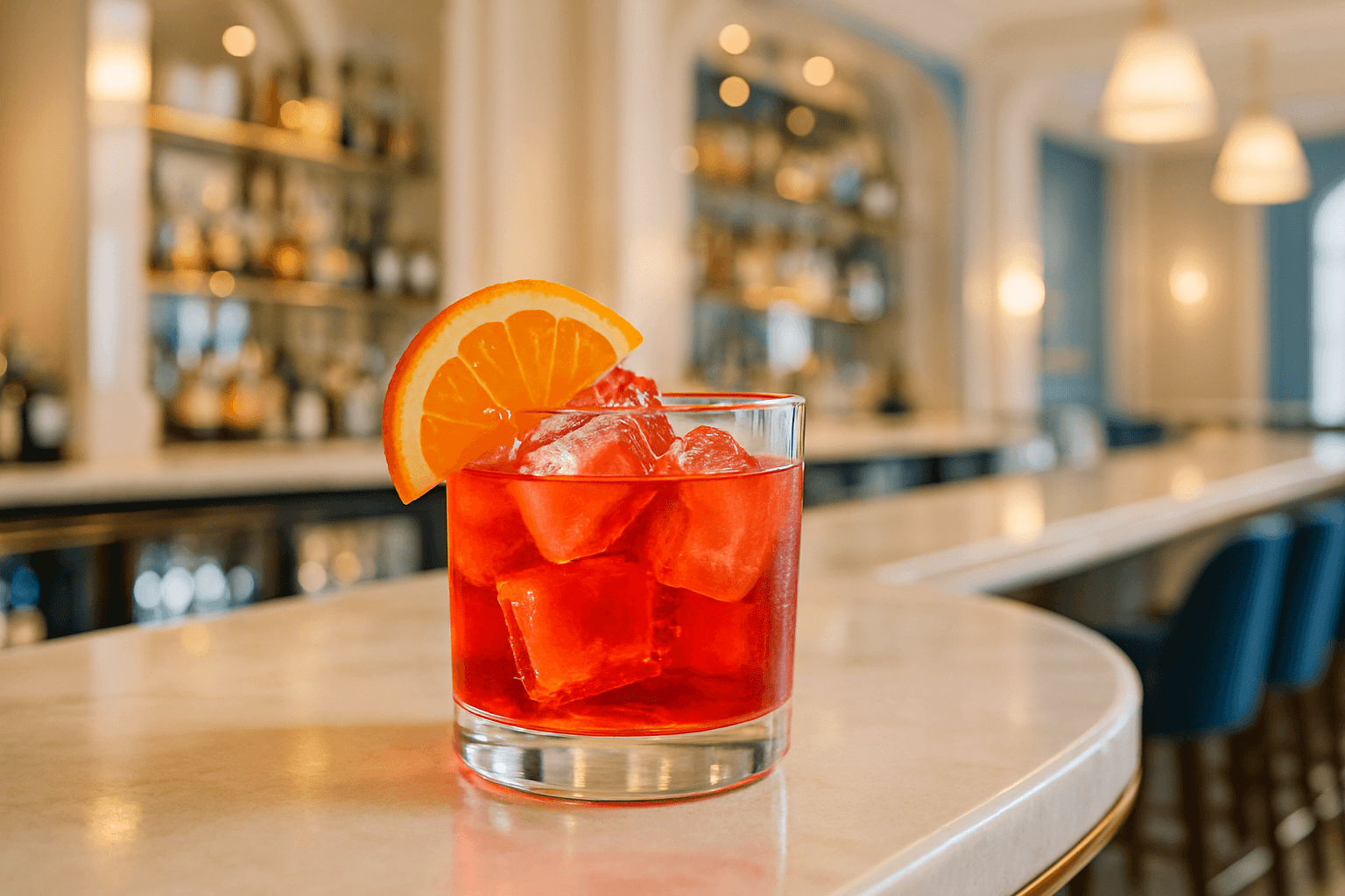 un contesto di bar elegante, ma più luminoso, tonalità del beige e del blu