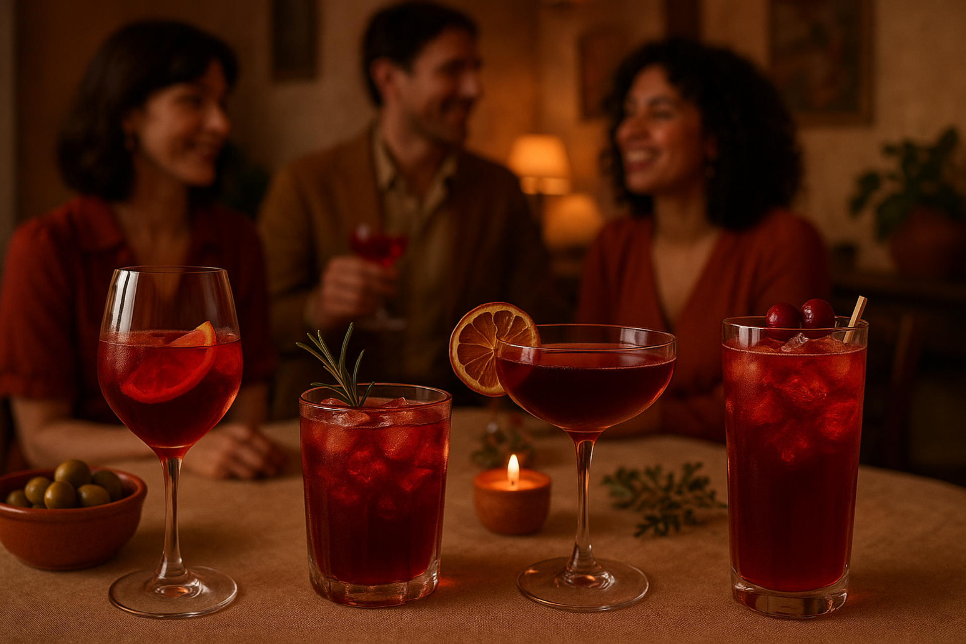 immagine ambientata di cocktail analcolici, che richiamino la convivialità dell'aperitivo. cocktail tonalità del rosso intenso, rosso bordeaux