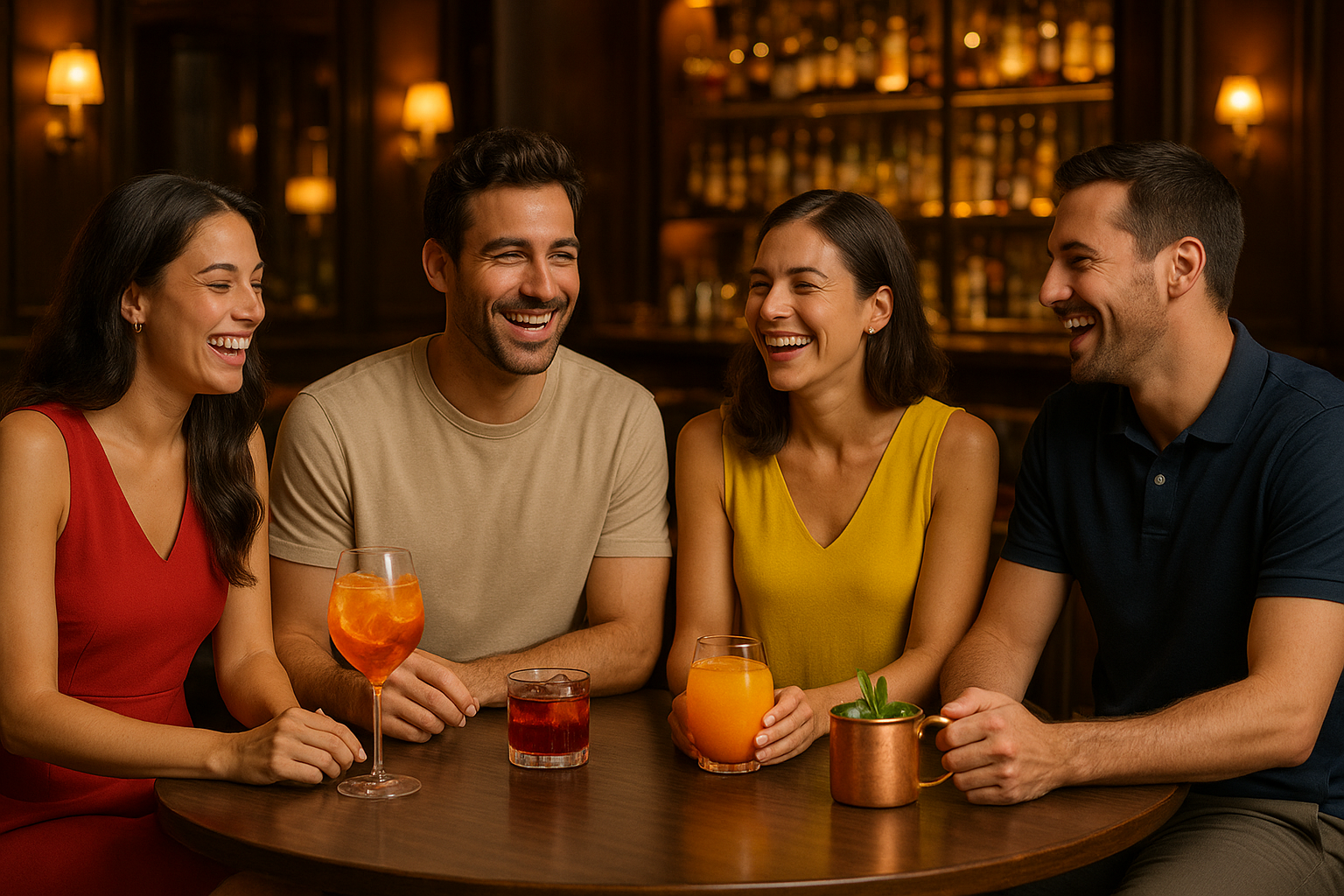 in un contesto di bar curato, tonalità calde, alcuni amici bevono cocktail di aperitivo i drink sono alcuni sprtiz, americano, moscow mule analcolici. gli amici ridono e scherzanoi, sono vestiti in abbigliamento casual, gli uomini in tshirt e polo, le donne in vestito colorato (no fantasie)