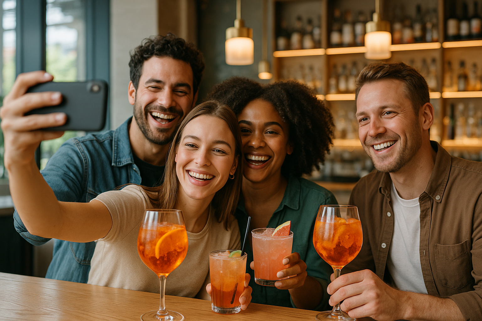 in un contesto socievole di amici al bancone di un bar, alcuni amici si scattano un selfie con lo smartphone mentre bevono un cocktail (aperitivo spritz e un paloma). ambiente curato, luminoso